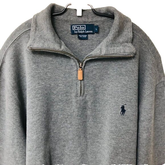 Polo Ralph Lauren Gray 1/4 Zip Pullover Sweater Men's L Pony Leather Pull Dad - Picture 2 of 4